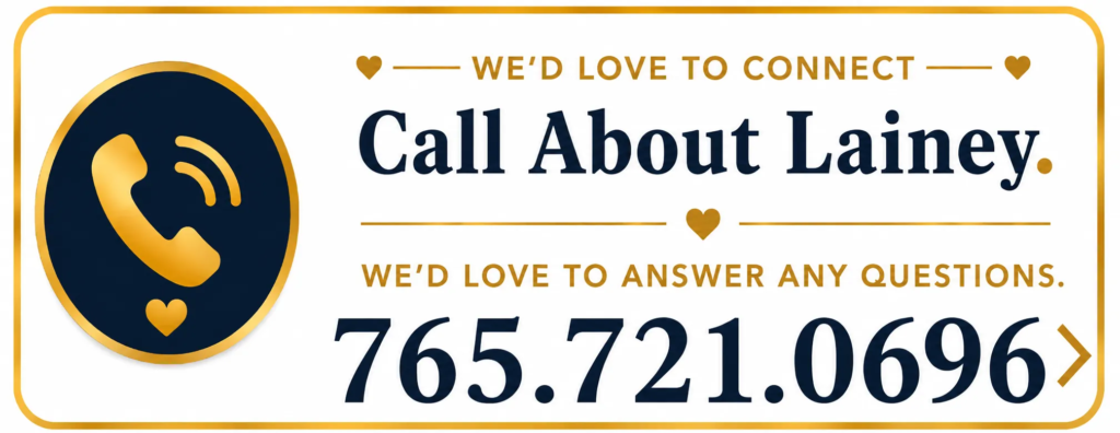 Call About Lainey banner with phone number 765 721 0696 inviting families to learn more about the Mini Pomsky Guardian Home Program.