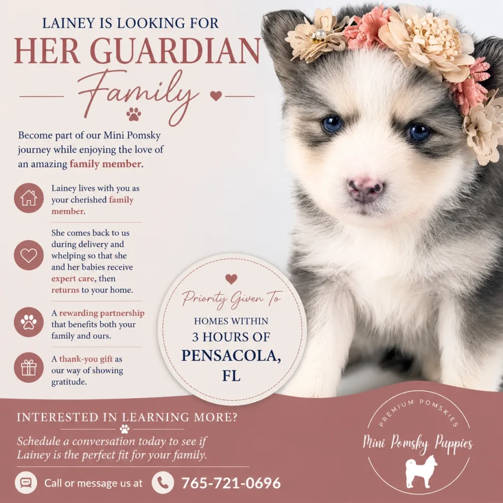 Lainey, a Blue Wolf Sable Mini Pomsky puppy wearing a floral crown, featured in the Mini Pomsky Puppies Guardian Home Program near Pensacola, Florida.