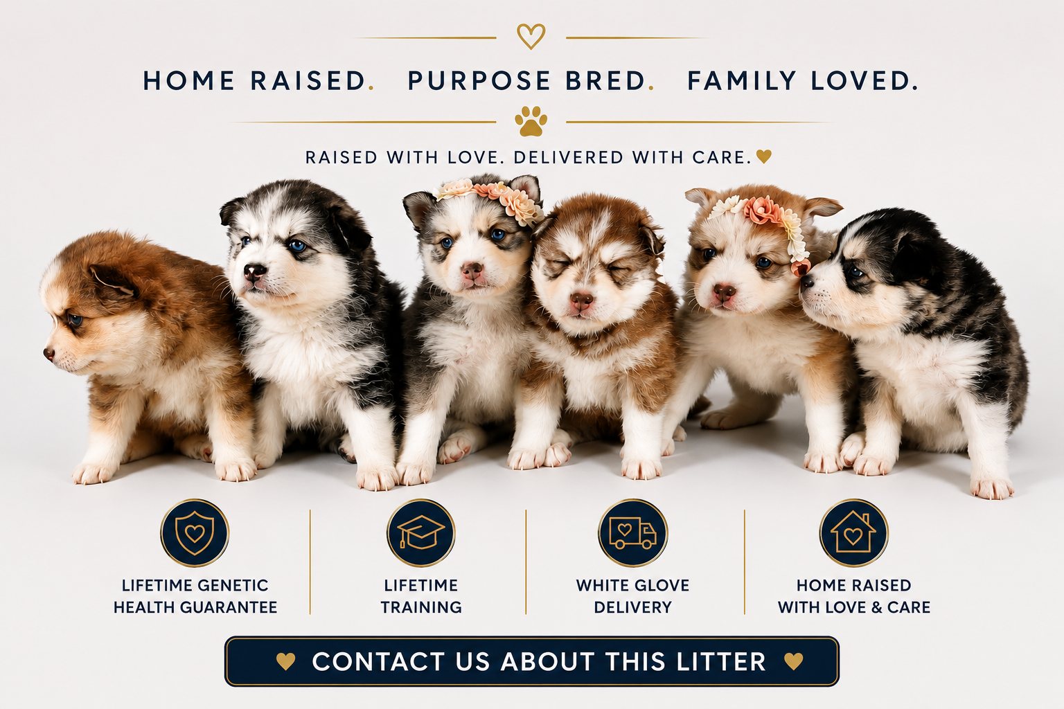 Available Mini Pomsky puppies from health-tested parents, home raised with lifetime genetic health guarantee, lifetime training, and white glove delivery.