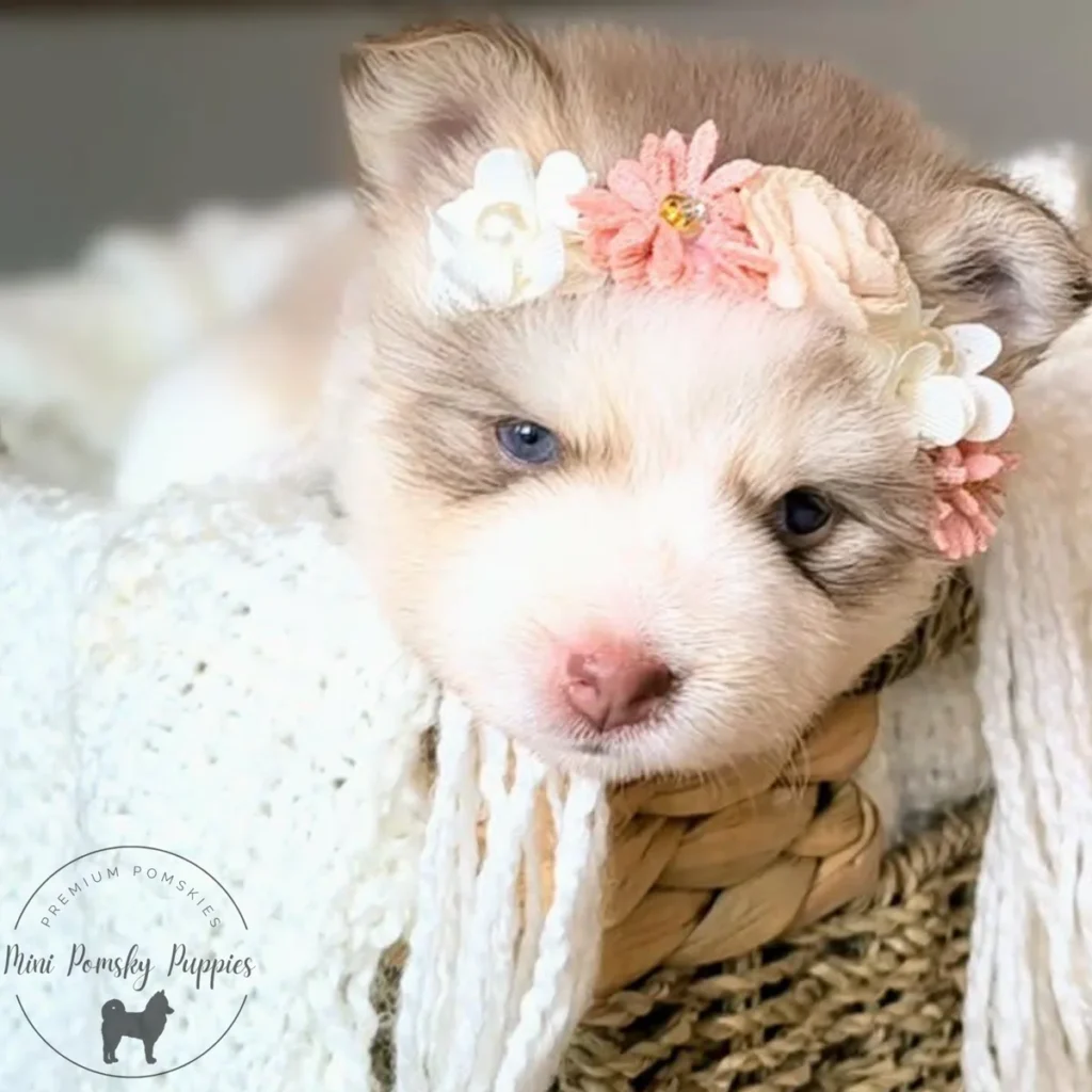 Crystal, a Champagne Isabella Sable Mini Pomsky puppy with blue eyes, a plush teddy bear coat, and a floral headband.