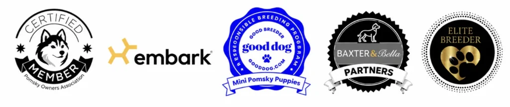 Mini Pomsky Puppies trust banner featuring Pomsky Owners Association Certified Member, Embark DNA testing, Good Dog Responsible Breeder, Baxter & Bella Partner, and Elite Breeder recognition.